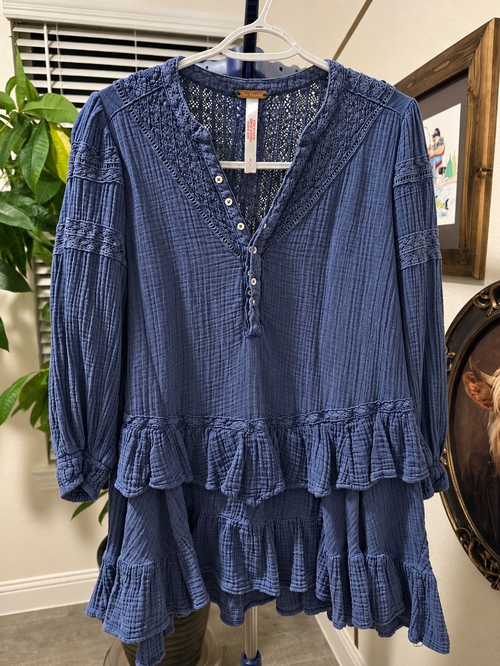 Free People Indigo Blue Gauze Ruffle Tunic